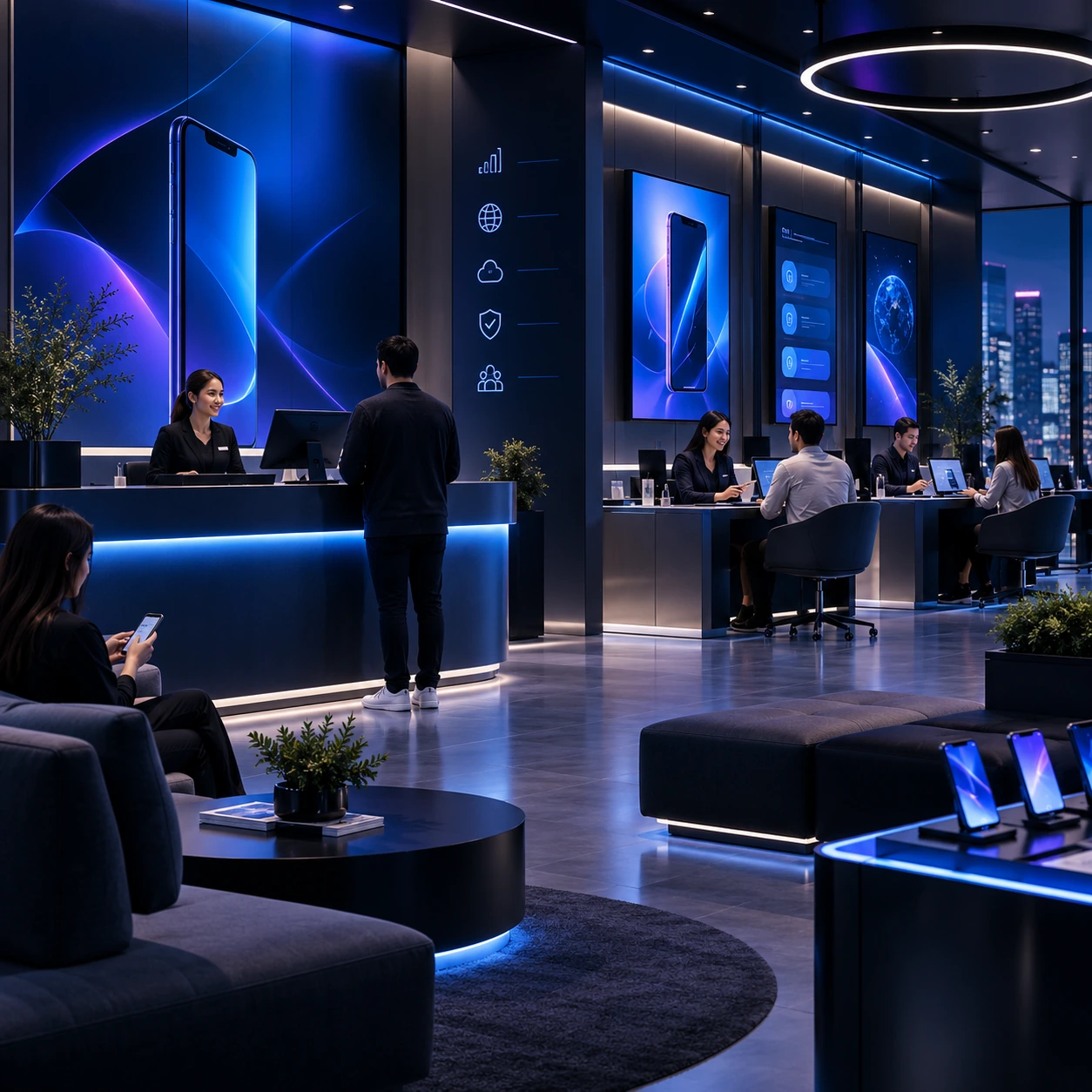 Modern customer experience space with consultants and digital screens