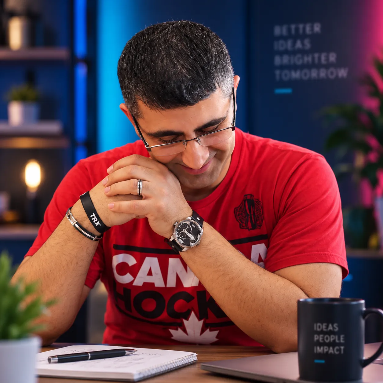 Sergey Usnunts in a red T-shirt seated at a work table